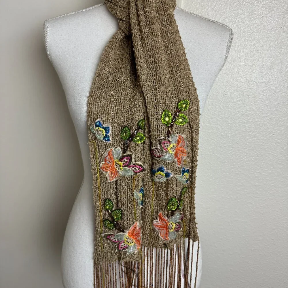 Vintage 90s Beaded Embroidery Art Long Scarf Fringe